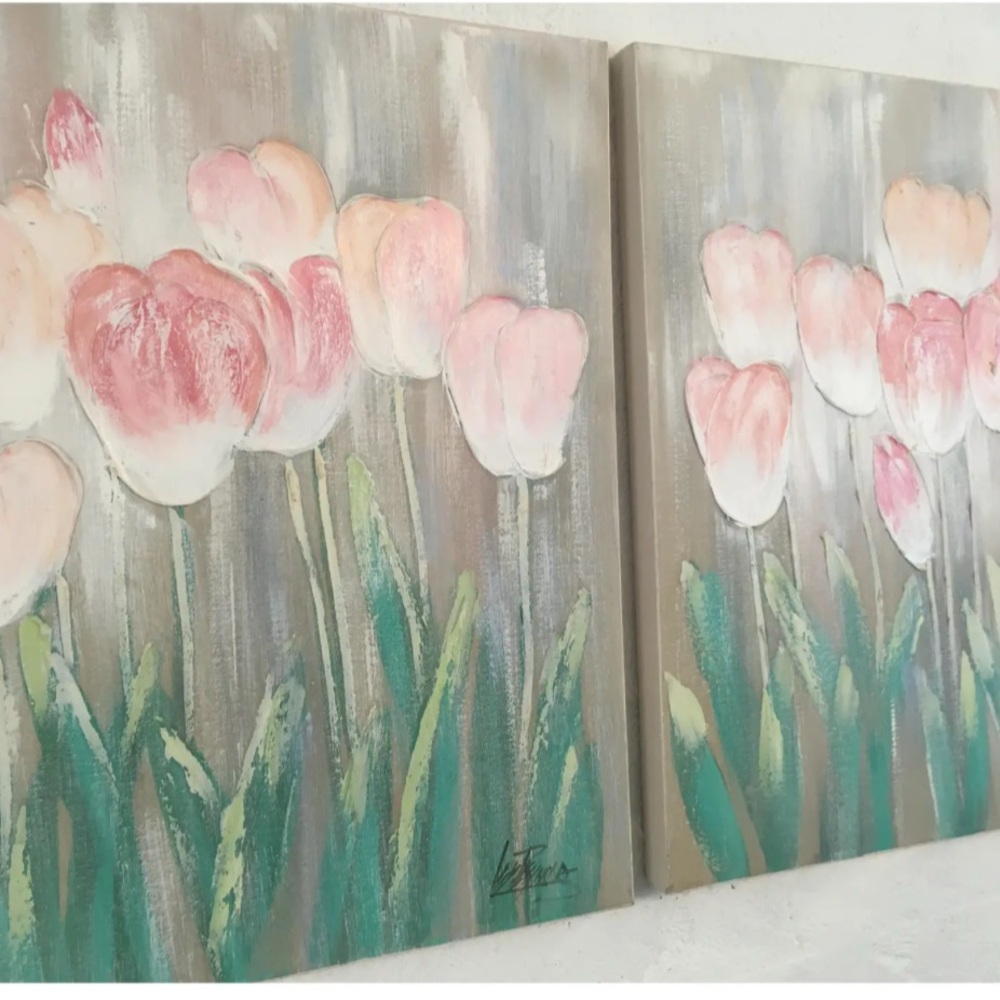 1980s Lee Reynolds Tulip Paintings, a Pair Oil on Canvas Retro Gem Signed - Picture 4 of 12